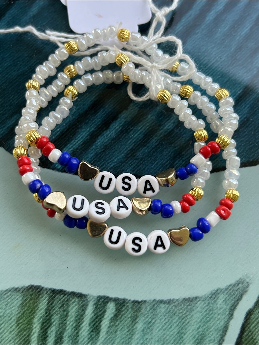 USA Beaded Heart Bracelet - Red White Blue & Gold share set